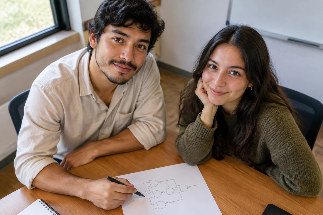 Dois alunos em pé diante do quadro branco, riscando a ordem em que o argumento será apresentado