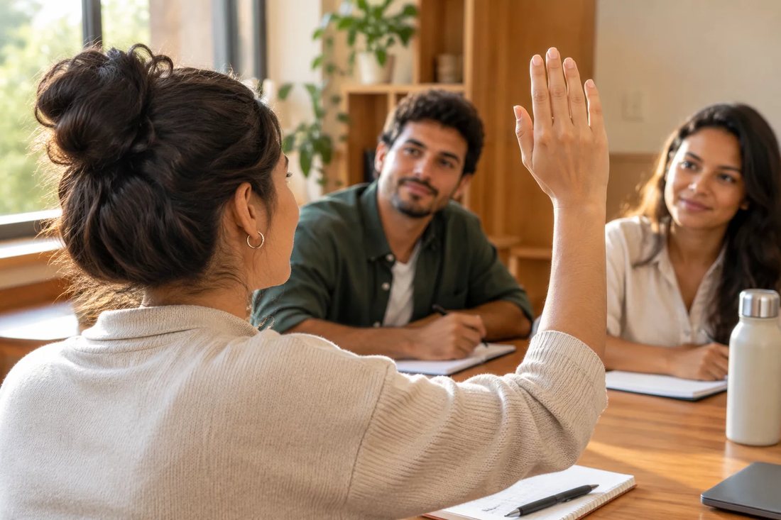 Grupo pequeno em volta da mesa, lendo folhas impressas com as posições que serão disputadas